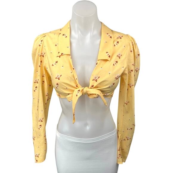 WeWoreWhat Yellow Floral Long Sleeve Tie Knot Collared Polo Shirt Crop Top Sz S - Picture 1 of 4
